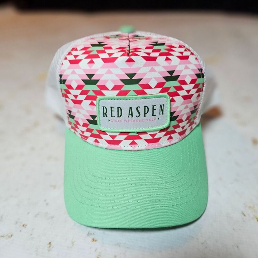 Red Aspen Girls Weekend 2025 Trucker Hat – Pink & Mint Geometric Print – NEW